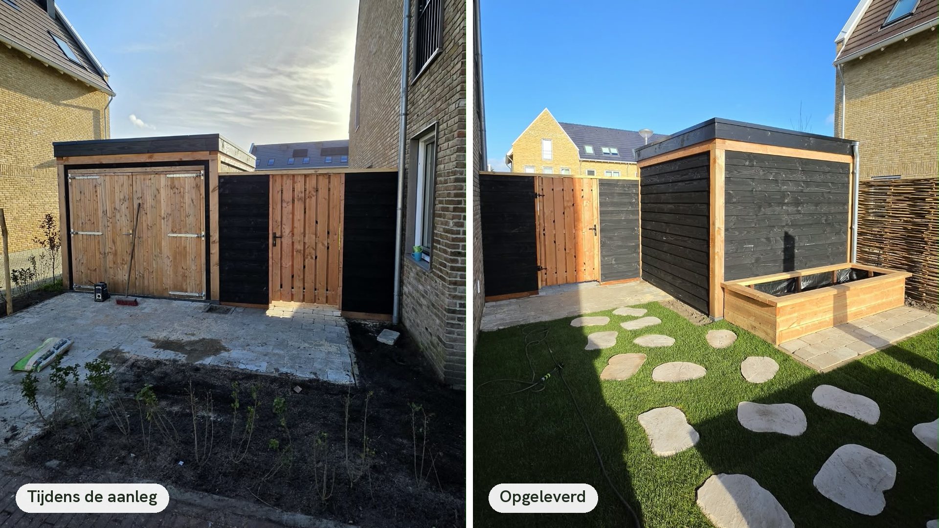 Tuin met kunstgras en stapstenen tijdens en na de aanleg